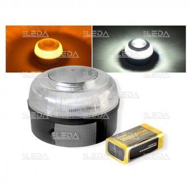 LED švyturėlis oranžinis/baltas su magnetu ir 9V baterija