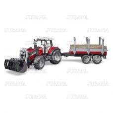 Žaislas Bruder traktorius Massey Ferguson 7480 krautuvas su priekaba rąstams